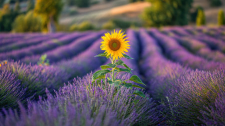 A striking single sunflower rises proudly in a lush lavender field, showcasing vibrant yellow petals against a sea of fragrant purple blooms, embodying summer beauty.の素材