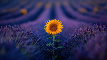 A stunning sunflower stands out elegantly in the middle of a vast lavender field, showcasing beautiful colors and textures in nature.の素材