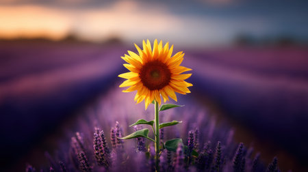 A striking sunflower stands prominently in a vibrant lavender field, capturing the essence of summer with warmth and serenity. Perfect for nature lovers!の素材
