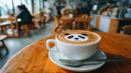 Enjoy a delightful cup of panda latte art served in a cozy cafe ambiance with warm wooden furniture, perfect for relaxation and socializing.の素材
