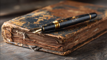 A vintage leather-bound journal accompanied by a sleek fountain pen on an aged wooden surface, evoking a sense of nostalgia and creativity.の素材