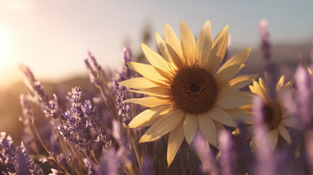 A stunning sunflower stands tall among blooming lavender flowers, bathed in soft sunlight during the golden hour, creating a serene atmosphere.の素材
