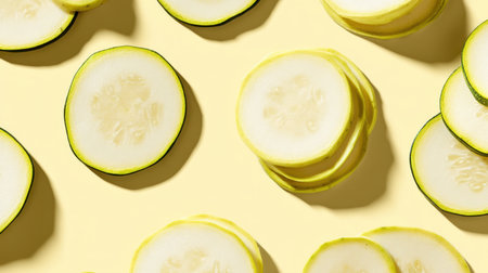 This vibrant image showcases freshly sliced cucumbers against a cheerful yellow background, perfect for conveying themes of health, nutrition, and fresh ingredients in culinary settings.の素材