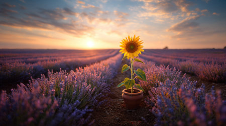 A solitary sunflower blooms in a lavender field during sunset, surrounded by vibrant purple flowers under a golden sky, creating a peaceful atmosphere.の素材