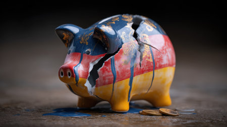 A broken piggy bank spills coins on a rustic surface, symbolizing financial loss and the critical need for better saving practices.の素材