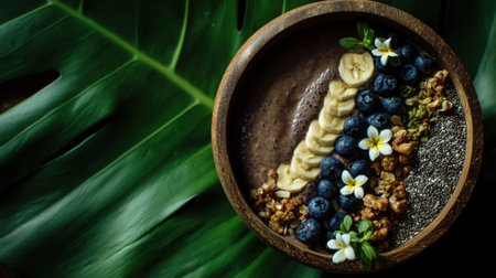 This captivating image showcases a healthy smoothie bowl adorned with fresh bananas, blueberries, crunchy granola, and delicate flowers, set against a lush green leaf.の素材