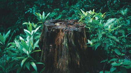 A striking image showcasing a tree stump at the center of a vibrant forest, surrounded by lush green plants and foliage, illustrating nature's cycle.の素材