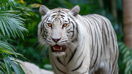 A stunning close-up of a white tiger navigating through a lush jungle, capturing the beauty and majesty of this endangered species in its natural habitat.の素材