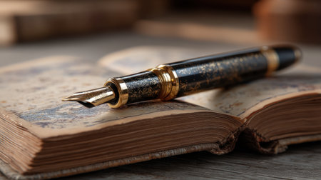 A beautiful fountain pen lies poised on an antique leather-bound book, showcasing intricate details and evoking a sense of nostalgia and elegance.の素材