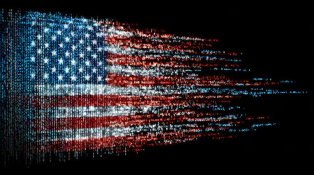 This artwork features an abstract digital representation of the American flag, utilizing glowing lines and binary code against a black background.の素材