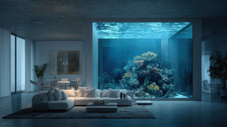 A modern living room featuring a stunning aquarium as a focal point, creating a serene atmosphere with natural light and elegant decor.の素材