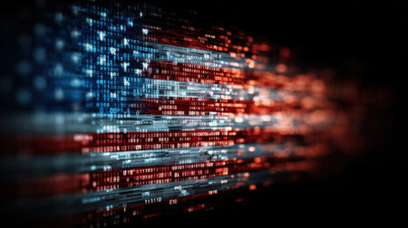 This abstract digital artwork features a flowing American flag represented using binary code and light effects, symbolizing innovation and patriotism.の素材