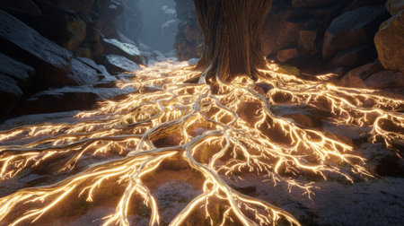 Discover the enchanting scene of glowing tree roots radiating light within a mysterious cave, surrounded by rugged rocks and shadows.の素材