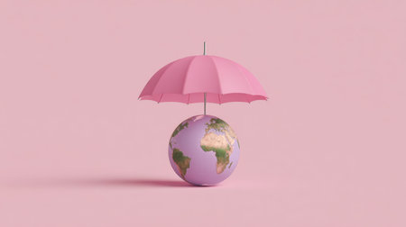 A charming illustration of a pink umbrella sheltering a globe, set against a soft pink background, symbolizing care for our planet.の素材