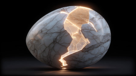 This stunning artistic piece features a cracked marble egg that reveals a luminous silhouette of a dancer, creating a captivating visual balance and elegance.の素材