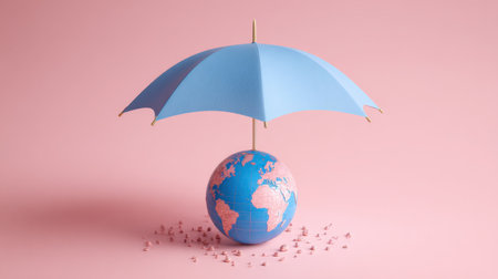 A vibrant blue umbrella shelters a colorful globe against a soft pink background, symbolizing the need for environmental protection and global care.の素材