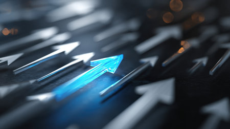 A striking image featuring a dynamic blue arrow standing out among myriad grey arrows on a dark background. This visual symbolizes leadership, directional growth, and the pursuit of success in a competitive environment.の素材