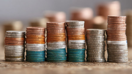 A detailed view of stacks of coins showcasing various colors and textures. The image symbolizes financial growth, investment, and currency exchange against a soft blurred backdrop.の素材