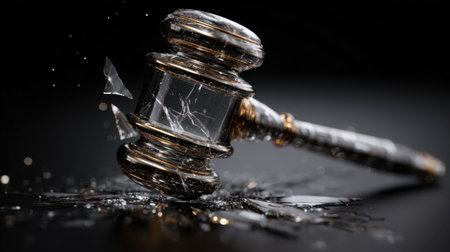 A dramatic image of a broken gavel amidst shattered glass, symbolizing failures and challenges within the justice system, set against a dark backdrop.の素材