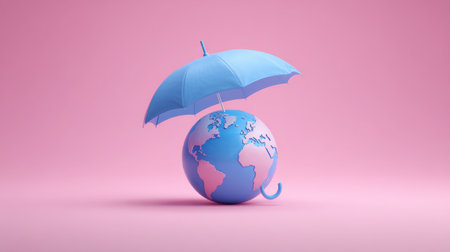 A vibrant composition featuring a globe protected by a blue umbrella on a soft pink background, representing global safety and awareness themes.の素材