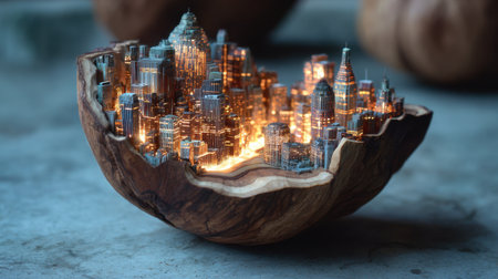 A captivating miniature cityscape artfully set within a wooden shell, showcasing glowing lights across detailed architectural designs. Perfect for creativity.の素材