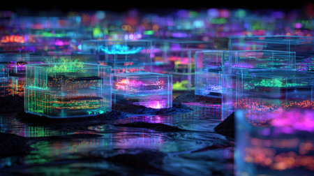 A mesmerizing view of illuminated abstract structures in a vibrant digital landscape, showcasing glowing elements and stunning reflections.の素材