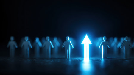 A captivating image featuring stylized figures standing in a line with a glowing arrow pointing upwards. The contrast against a dark backdrop emphasizes themes of growth, direction, and motivation, making it ideal for business and inspirational contexts.の素材