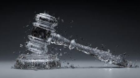 A captivating image of a gavel made of crystal breaking apart with water splashes, symbolizing the dynamics of justice and legal procedures.の素材