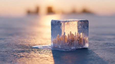 A stunning ice cube captures a miniature cityscape reflecting in a serene sunset glow. This unique abstract art piece blends nature and urban elements.の素材