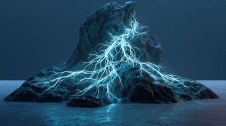 This stunning image showcases a rocky formation emanating electric blue lightning effects above a tranquil ocean surface at twilight, creating a surreal atmosphere.の素材