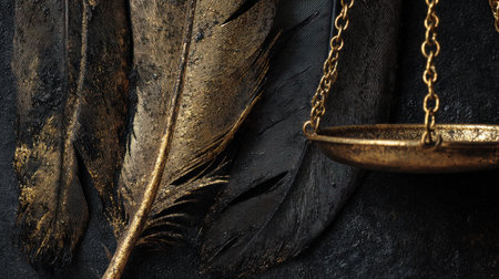 This artistic still life photo features golden feathers alongside a vintage balance scale, set against a dark background. The elegant design symbolizes justice and truth, creating a visually captivating image.の素材