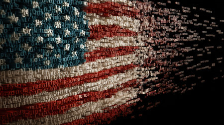 This captivating image features the American flag beautifully formed by binary code, blending technology with a strong sense of patriotism.の素材