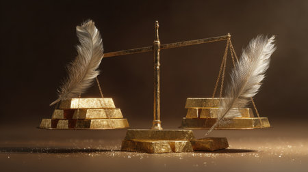 A captivating image of a gold balance scale paired with elegant feathers, representing justice and wealth against a soft, moody backdrop.の素材