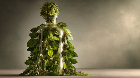 This artistic still life features a glass bottle creatively adorned with vibrant green leaves and herbs. The soft background enhances the natural beauty and freshness, perfect for eco-friendly themes.の素材
