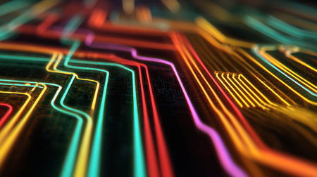 Explore vibrant and colorful abstract patterns resembling circuit boards with glowing lines in neon shades, perfect for digital designs.の素材