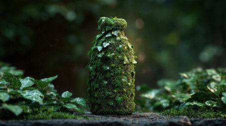 A captivating photograph of a bottle draped in lush green moss, set against a backdrop of serene forest foliage. The image evokes feelings of tranquility and nature.の素材