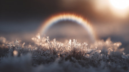A serene winter scene featuring frosted grass illuminated by soft morning light, creating a stunning halo effect. Perfect for nature lovers.の素材