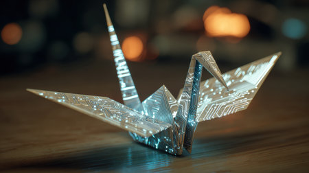 Artistic representation of a digital origami crane featuring intricate circuit patterns and glowing lights, symbolizing innovation and creativity.の素材