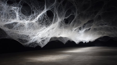 This captivating image showcases an ethereal web-like structure draping across a dark space, highlighting intricate textures and shadow play.の素材