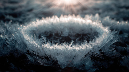 This captivating close-up image showcases intricate ice crystals forming a delicate circular pattern, illuminated by soft sunlight. The shimmering frost captures the beauty of nature's seasonal artistry in a serene winter landscape.の素材