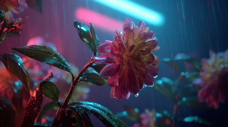 A stunning close-up of a vibrant flower surrounded by rain and illuminated by neon lights, creating an artistic and visually striking atmosphere.の素材
