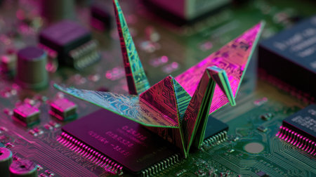 This stunning image showcases a detailed origami crane crafted from circuit board patterns, illuminated with vibrant neon colors. The fusion of art and technology symbolizes innovation and creativity in a modern digital world.の素材