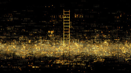 A striking image of a golden ladder rising from a sea of digital particles and sparkling lights, evoking themes of aspiration and exploration.の素材