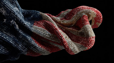 This captivating image presents an abstract American flag composed of binary code, symbolizing the blend of patriotism and technology against a dark backdrop.の素材