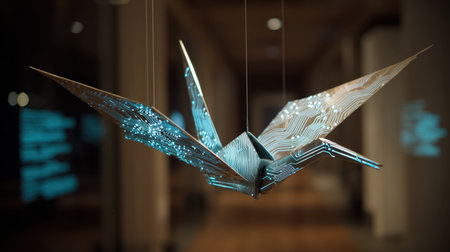 A stunning digital origami crane with intricate circuit patterns hangs in a contemporary gallery, blending technology and art seamlessly in a unique display.の素材