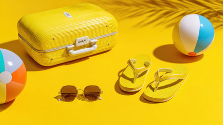 A vibrant arrangement of summer vacation essentials against a bright yellow background. Includes a suitcase, flip flops, sunglasses, and beach balls, evoking fun and relaxation.の素材