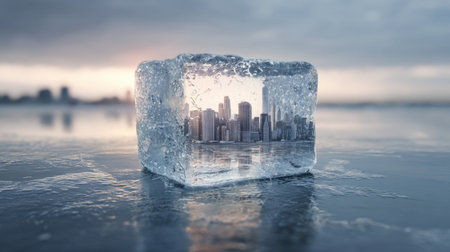A captivating image of a clear ice block encapsulating a vibrant city skyline, showcasing the beauty of urban life amid a serene sunrise.の素材