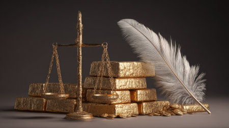 A striking composition featuring golden scales symbolizing justice balanced over shimmering gold bars, accompanied by a delicate feather quill, represents law and wealth.の素材