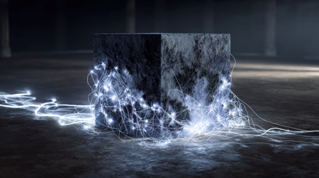 An artistic representation of a cubic structure surrounded by luminous light trails, creating a dynamic and ethereal atmosphere in a dark space.の素材