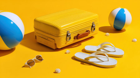 A vibrant arrangement of summer vacation items including a yellow suitcase, flip flops, sunglasses, and beach balls against a sunny background.の素材